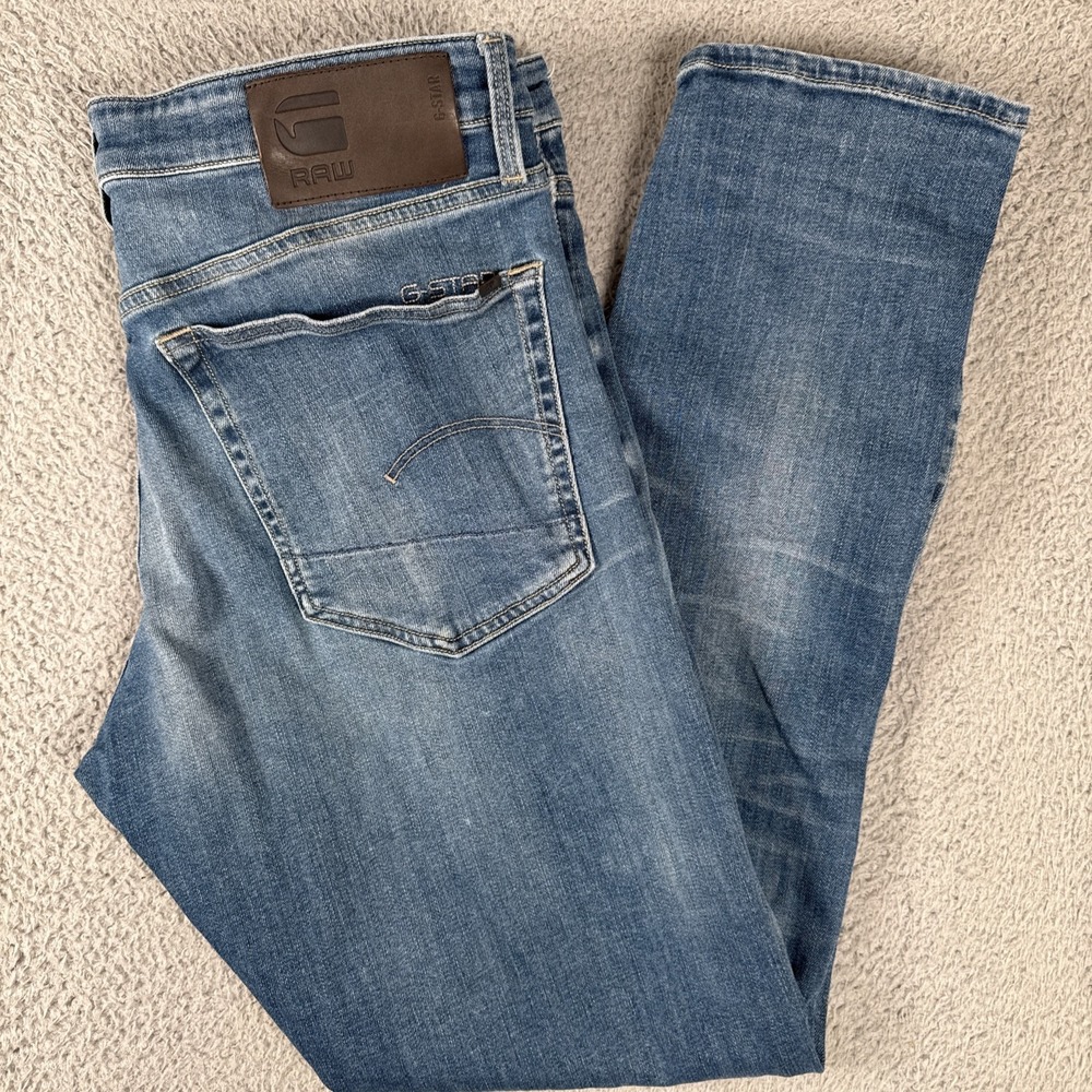 G-Star Raw 3301 Jeans Mens 34x32 Blue Straight Tapered Button Fly Stretch Denim